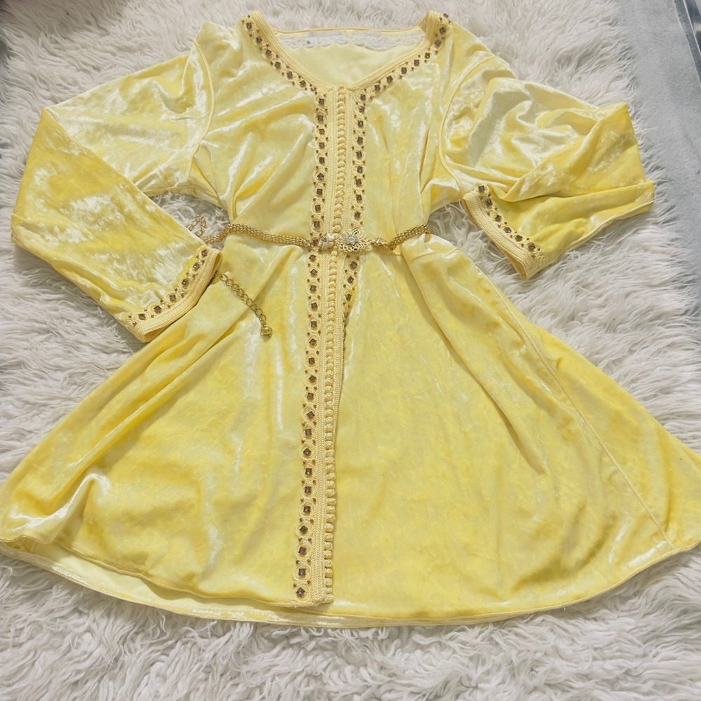 Elegant Moroccan Yellow short Keftan Tunic with Gold Accents